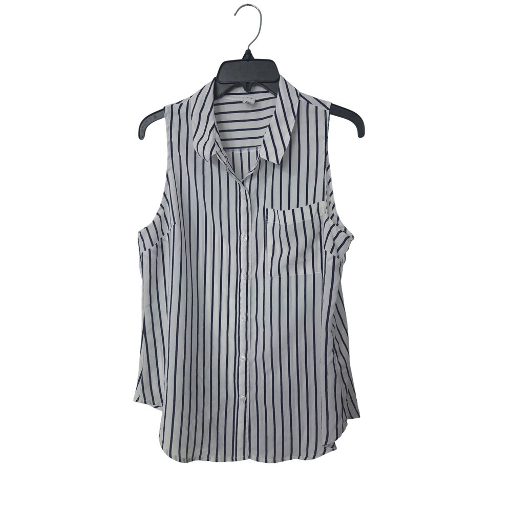 Old Navy Womens Sleeveless Button Down Blouse Navy Blue White Striped Size M